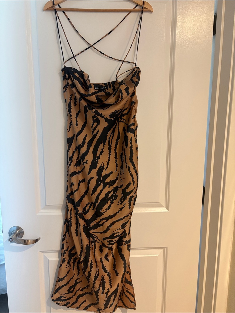 Zara Tan and Black Tiger-Print Slip Maxi Dress